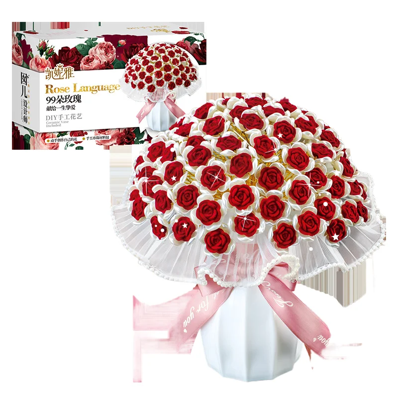 HY Toys Hand-Woven DIY Beaded Flower Bouquet Tiktok New Flocking Rose Educational Handmade Material for Complete Set