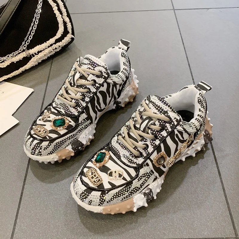 New Fashion Chunky Sole Women Casual Walking Style Shoes Other Trendy Low Top Rhinestone Lady Vegan Sneakers.