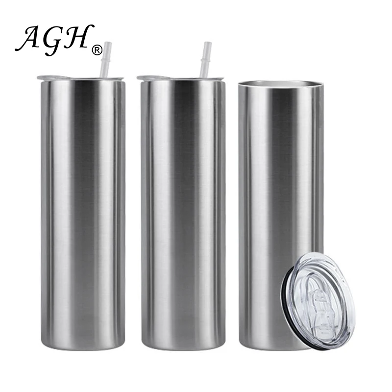 AGH  20oz ounce stainless steel silver skinny straight  tumbler 20 oz with plastic straw