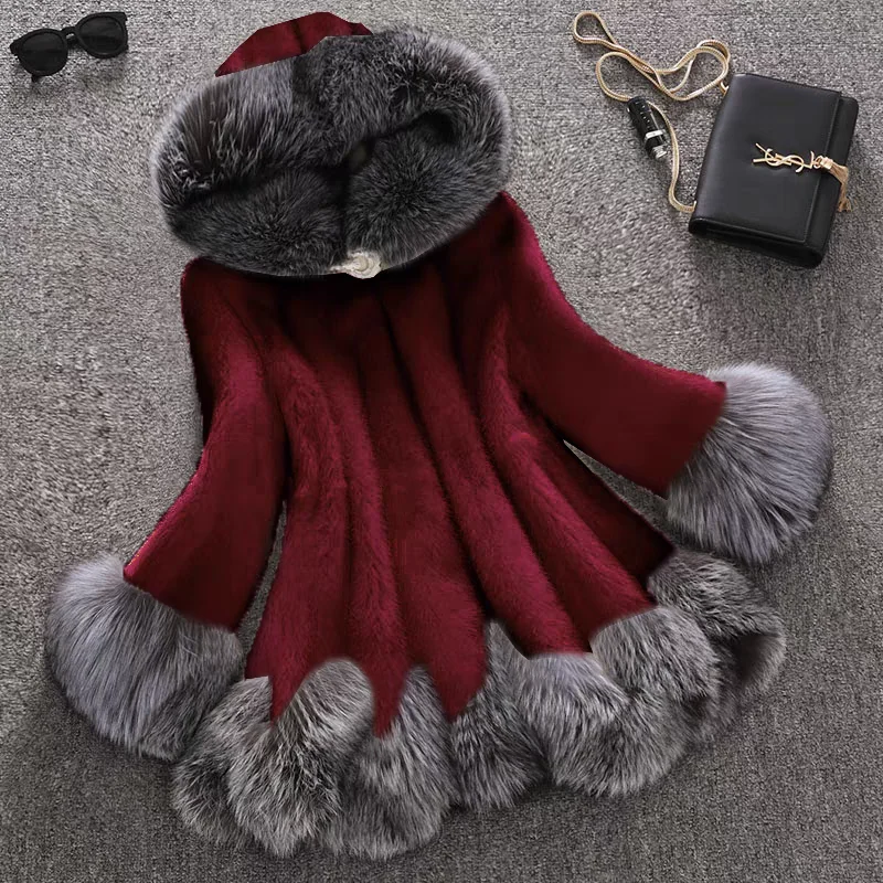 Fashion White Black Faux Mink Fur Coat&Parka Coat Jacket WIth Hood Leopard For Womens