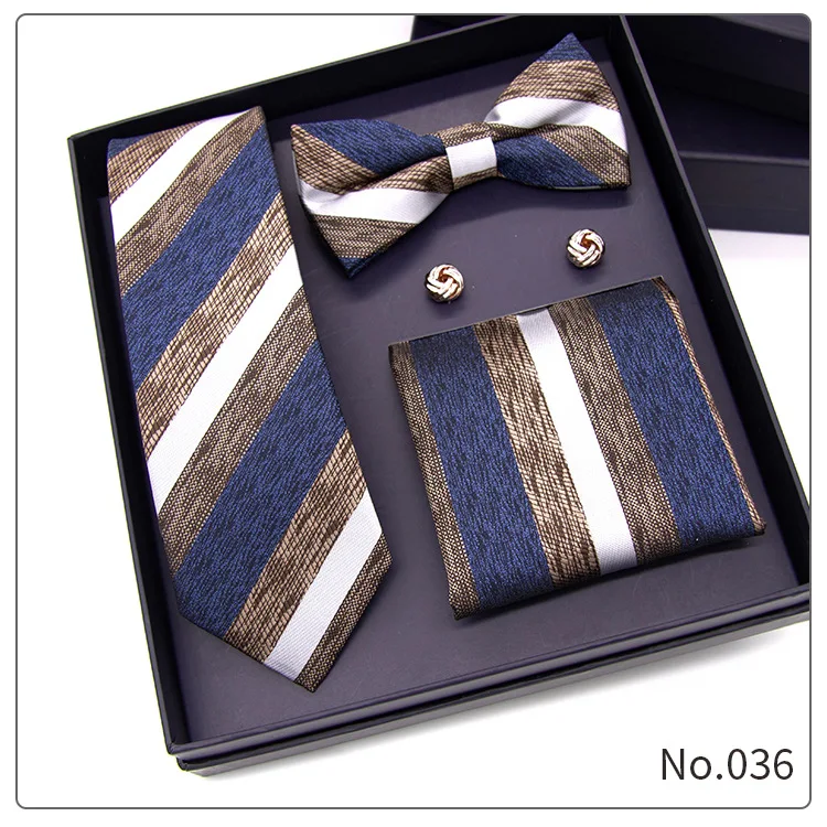 New mens necktie sets tie and pocket square bow tie set 4pcs bowtie set stripe mens black neck ties and handkerchief man gift