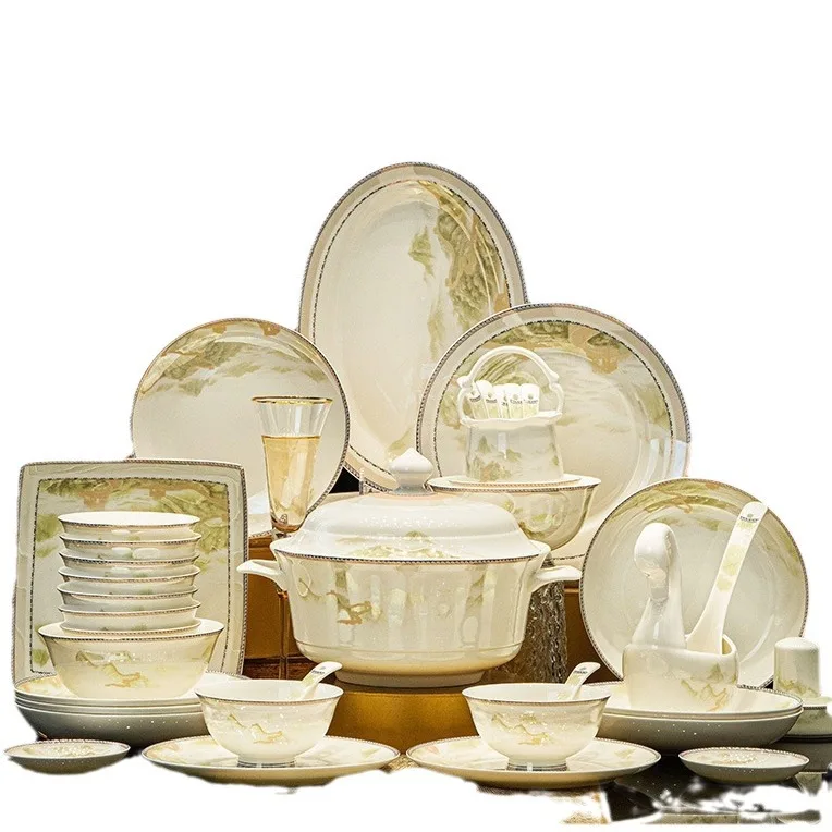 Jingdezhen High-end Housewarming New House Bowls and Dishes Ceramic Tableware Set for 10 People 56 Pieces