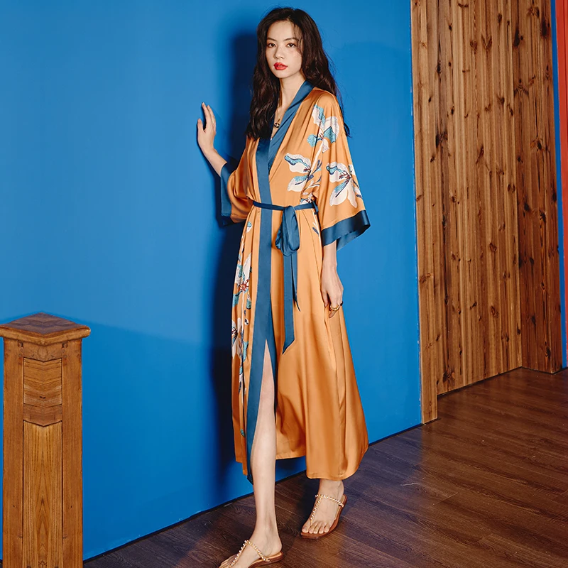 Plus Size Elegant Printed Nightgown Womens Bathrobe Silk Nightgown Nightdress Sleepwear