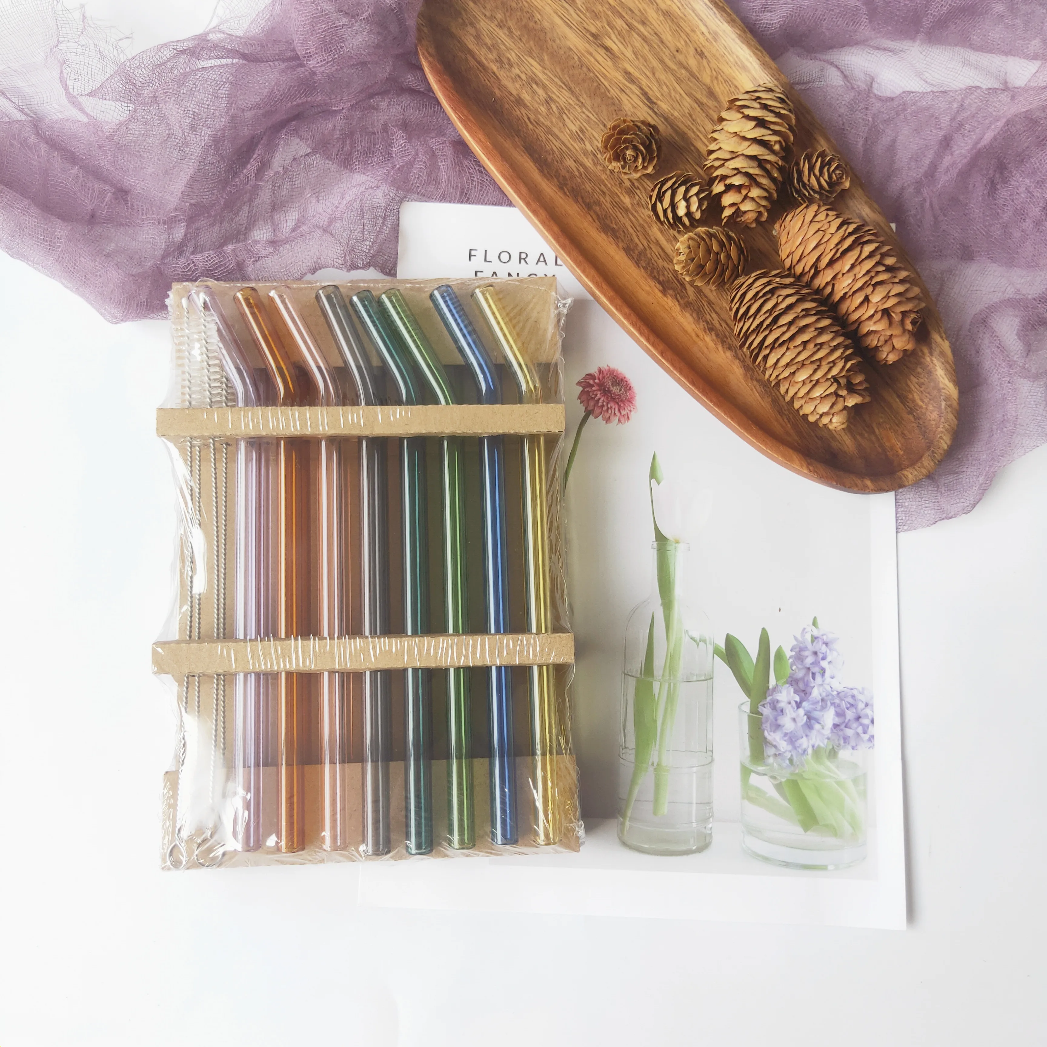 Manufactory  Straw Reusable Drinking Glass with straw Brush High Borosilicate Glass Straw 12+2 set