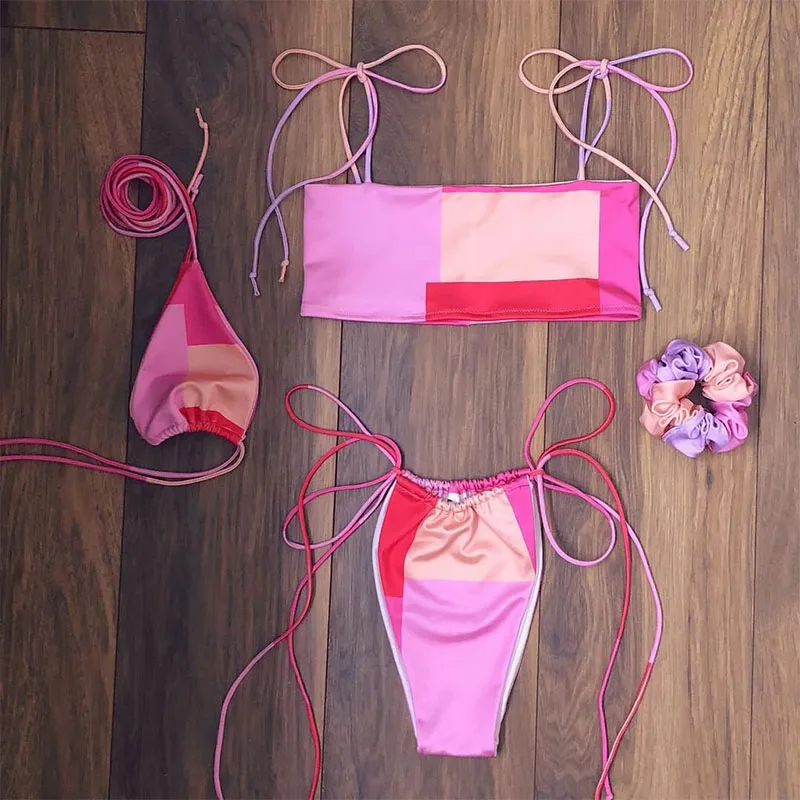 2024 New Fashion Designer Sexy Cute High Waist Leg Pink Plaid Cotton Ribbed Swimsuit Set Girl Custom Bikini Swimwear For Women