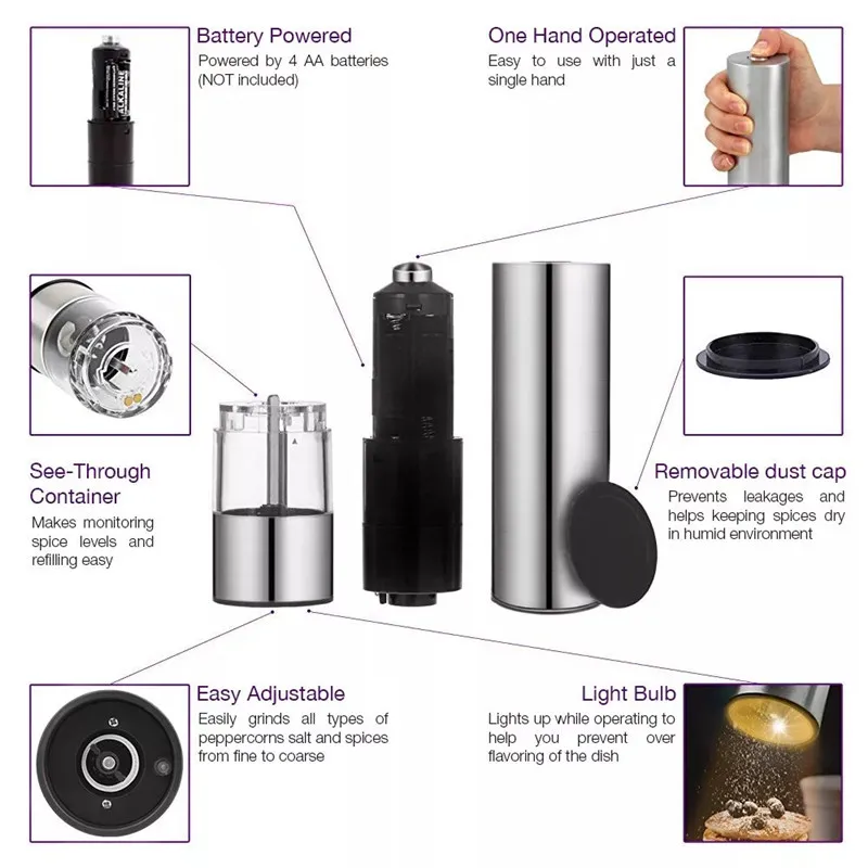 2022  Most Popular Household  Stainless Steel Electric Pepper Mill Set Pepper&Salt Grinder
