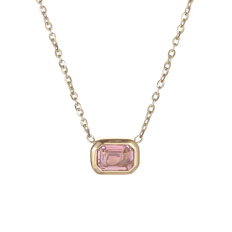 N042-005 Halo quality gold single rectangle cubic zirconium stone necklace stainless steel