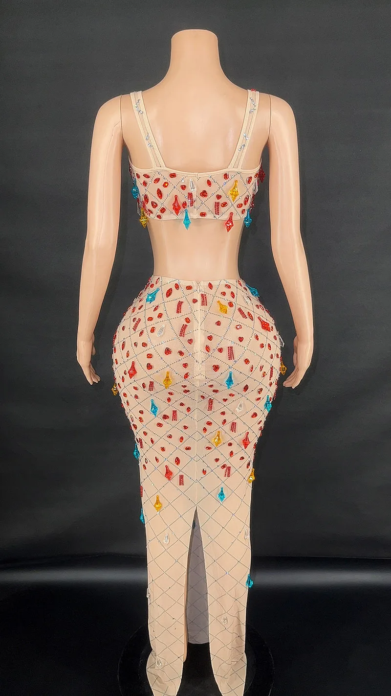 A9133 Factory Customized Two Piece Crop Top and Long Skirt Set Colorful Rhinestone Beaded Sexy Cocktail Evening Party Dresses