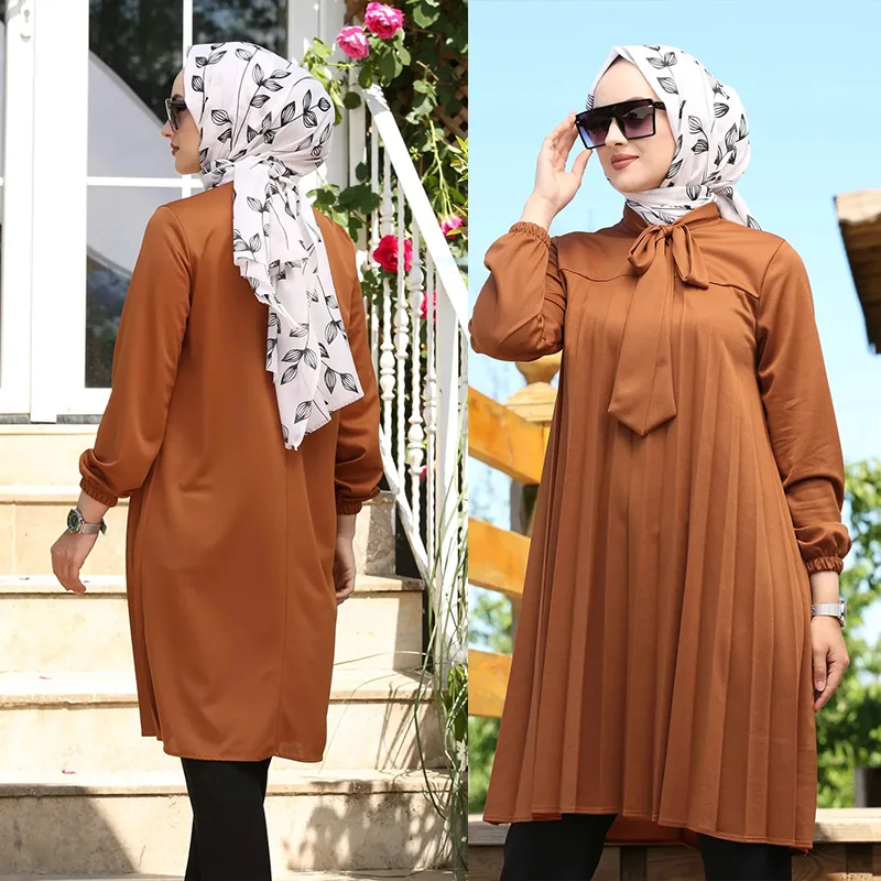 Muslim women casual crew neck tunic modest top custom turkey muslim long sleeve pleated chiffon blouse