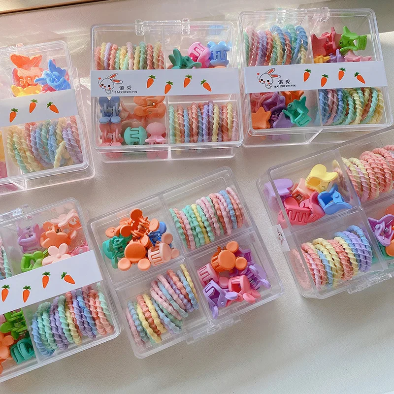 New Design Box Packed Small Claw Clip Clamp and Hair Band Elastic Hair Tie Set for Kid Children Candy Color Braid Hair Ornament