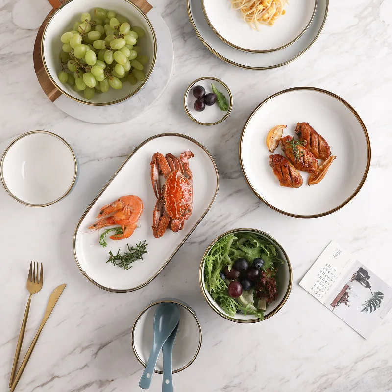 
Nordic Plates Dish Ceramic Household Dinnerware Luxury Golden Rim Gray Glaze Tableware Plate Wholesale 