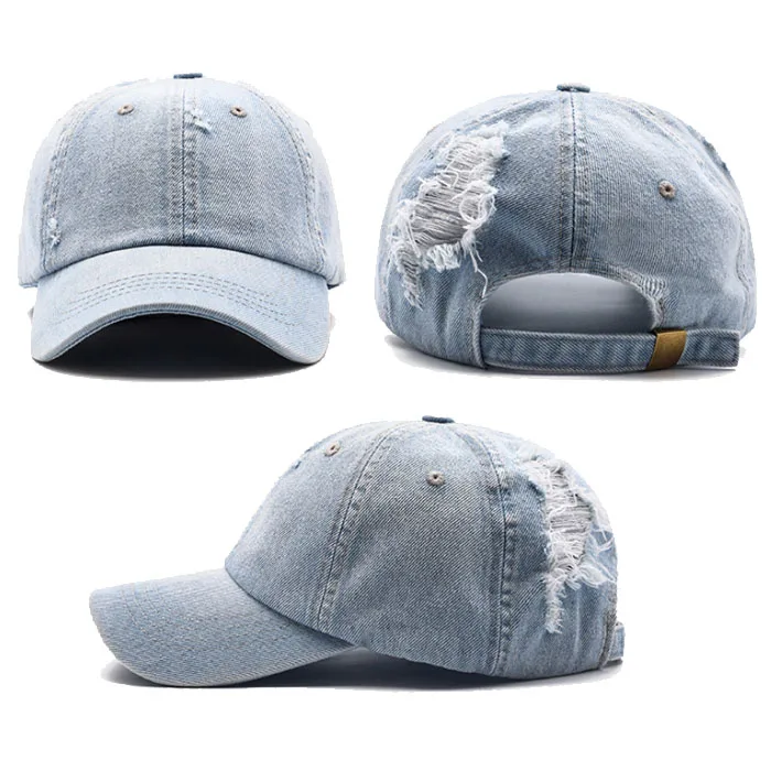 Custom Distressed  Design Washed Denim Baseball Cap Washed Distressed Jeans Baseball Cap Embroidered Washed Denim Baseball Cap
