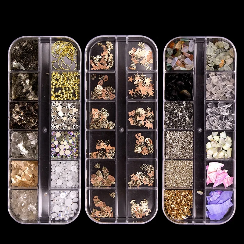 New  12 Grid Long Strip Box  Crystal Nail Art Mixed Shape Metal/pearl/shell Mixed color DIY Nail Art 3D Decoration