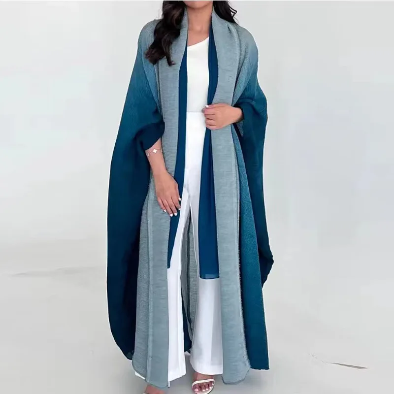 Long Sleeve Trench Coat Women Gradient Color Plus Bat Sleeve Scarf Style 2024 Muslim Fashion Abaya With Eid