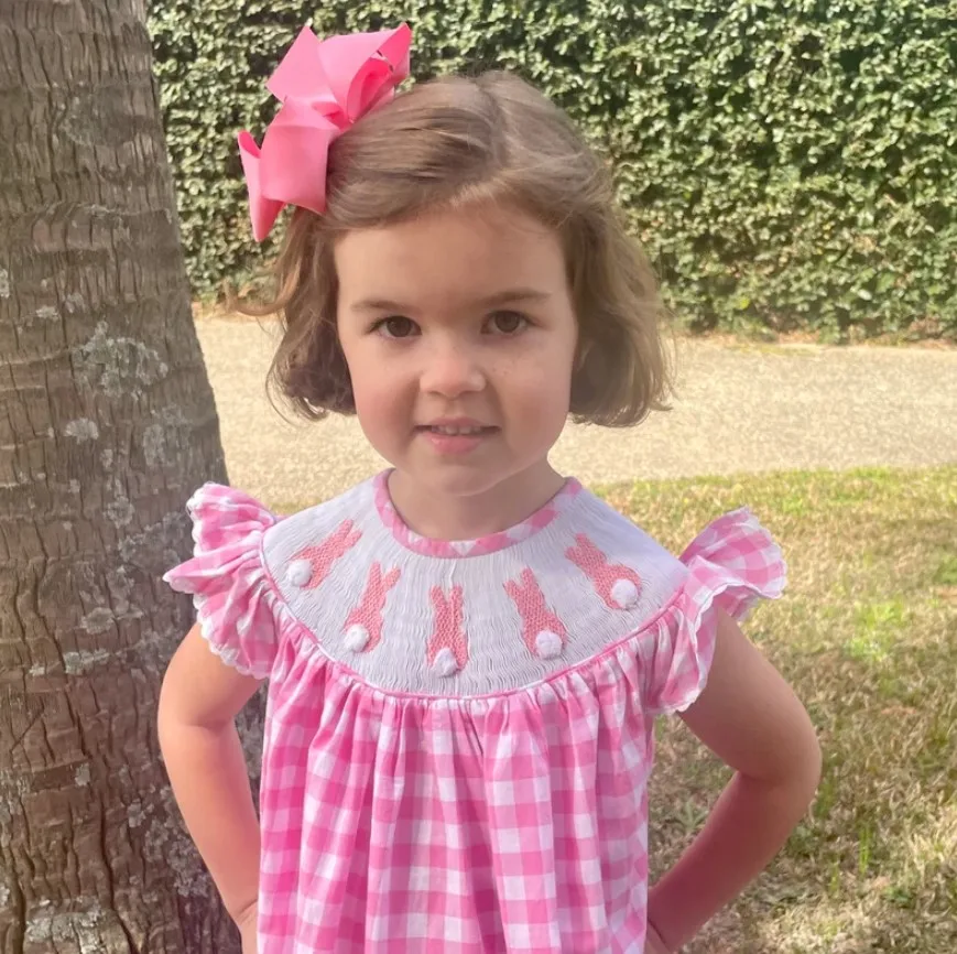 Wholesale Custom Sweet Dress Monogram Gingham Easter Bunny Smocked Bishop Dress For Girls Kids