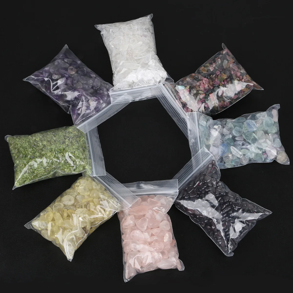 wholesale bulk natural many kinds quartz crystals healing stones PE bag package crystal gravel tumbled stones for home decor