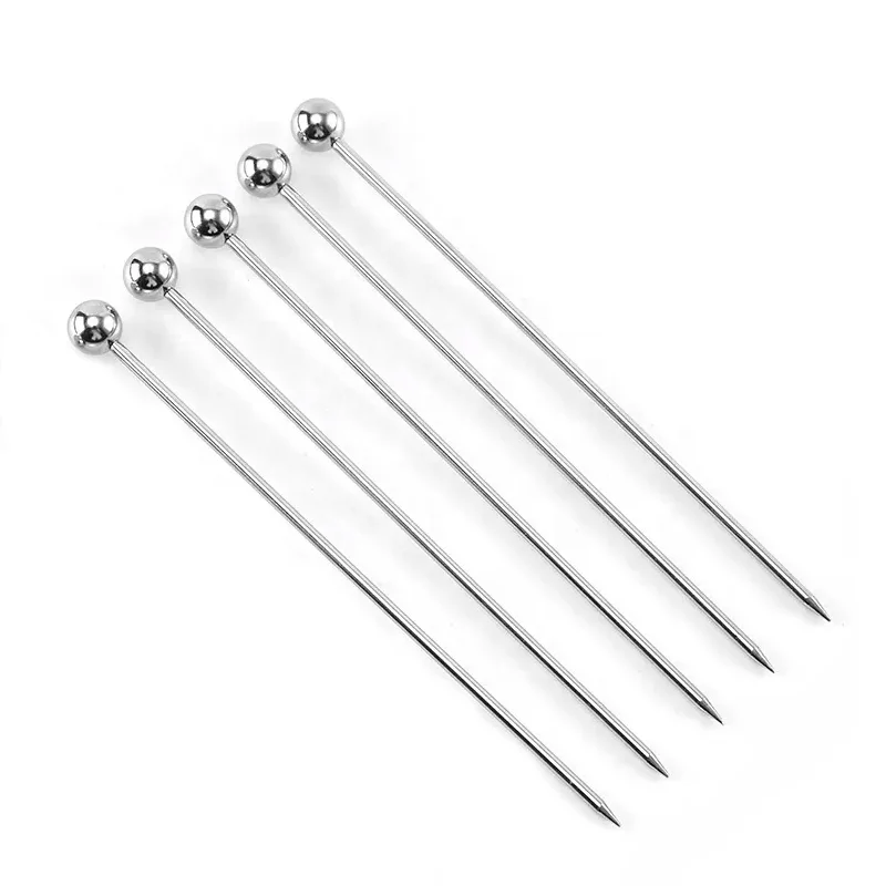 Custom Bar Tools Metal Martini Drink Stirring Sticks Fruit Pin Sticks Ball 304 18/8 Stainless Steel Cocktail Picks