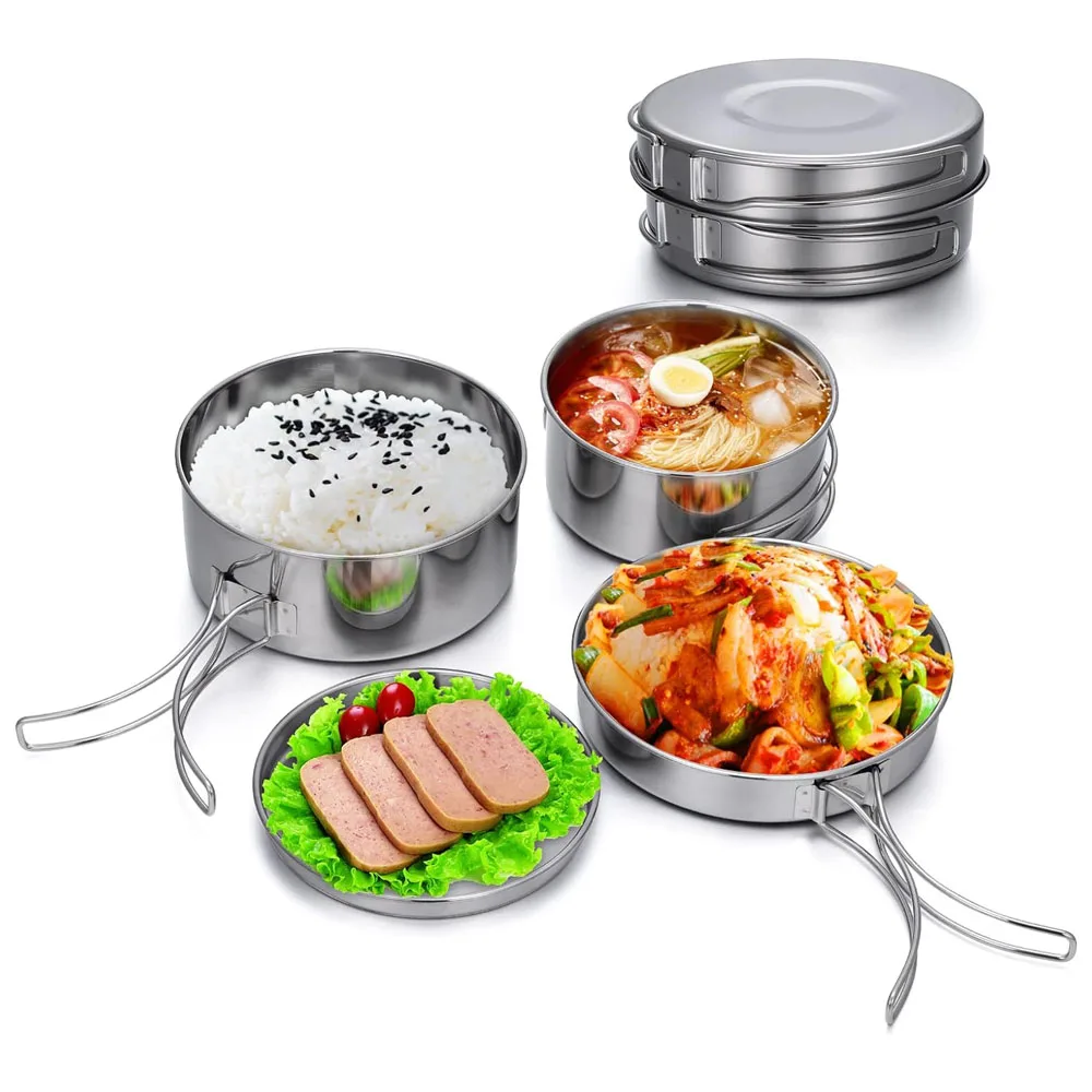 Cooking Equipment Metal Grilling Saucepan Frying Pan with Lid Camping Pot Stainless Steel Camping Cookware Mess Kit Set