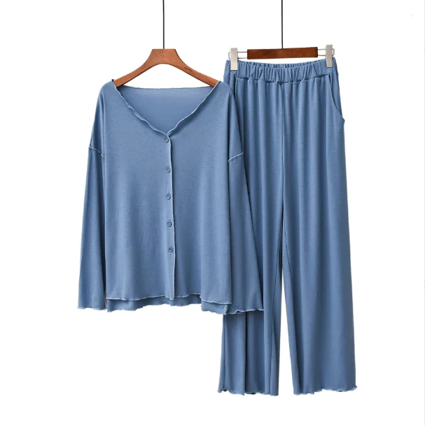 Explosive spring new pajamas women cotton long sleeve cardigan wooden ear edge casual can wear long sleeve home suit