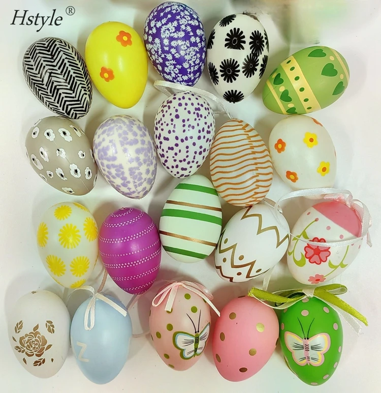12pcs/pack New Colorful Egg Hanging Ornaments Easter Decoration Plastic Decorative Hand Painted Eggs Crafts Ornaments SD1687