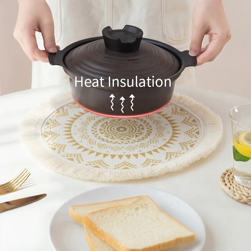 Wholesale wedding boho woven printed round dining placemats set with coaster bohemian woven round table placemats