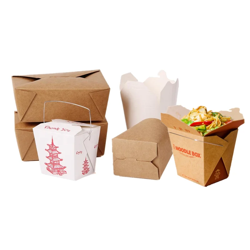 Eco Take Away Ramen Noodle Boxes Natural Kraft Disposable Noodle Bowl In Foil With Handle