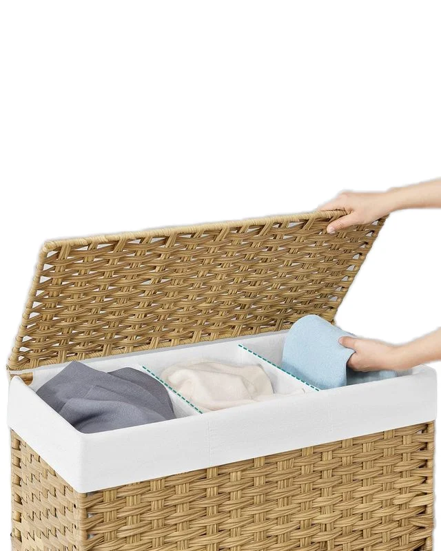 Woven Laundry Basket with In Bathroom, Bedroom Foldable Lid 3 Collapsible Bamboo Storage Convenient Roller Woven Laundry Basket