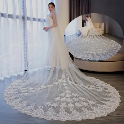 
V023 Luxury Cathedral veil For Wedding 350cm Lace Edge Bridal Veil Long lace wedding veil 