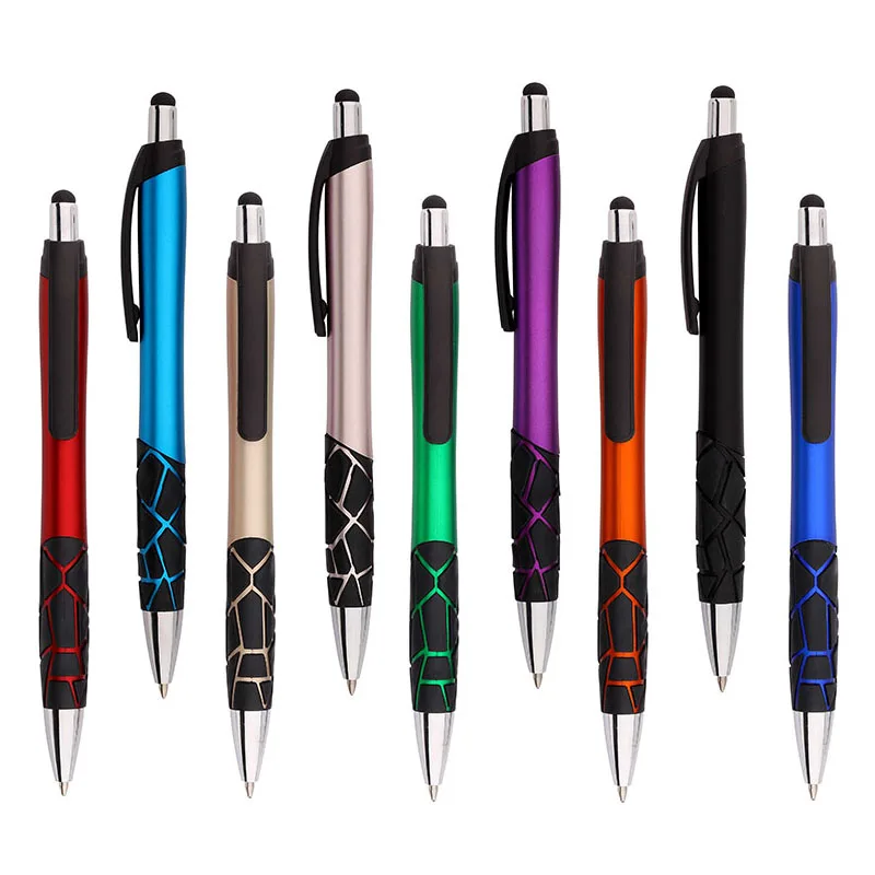 Free sample advertising touch screen stylus ballpen custom logo metallic colored click ballpoint pen with divisive grip