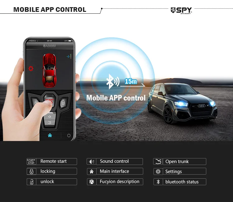 SPY car alarm system remote engine start dc12v universal auto immobilizer remote car alarm with app control lcd remote control