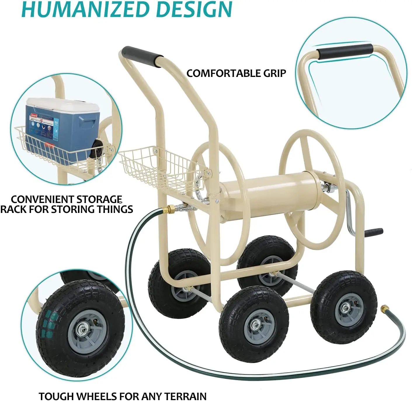 Heavy Duty Hose Reel Cart Garden for Outdoor Patio Lawn W 4 Wheels Metal Care Watering Equipment Holds 300-Feet Hose, Green