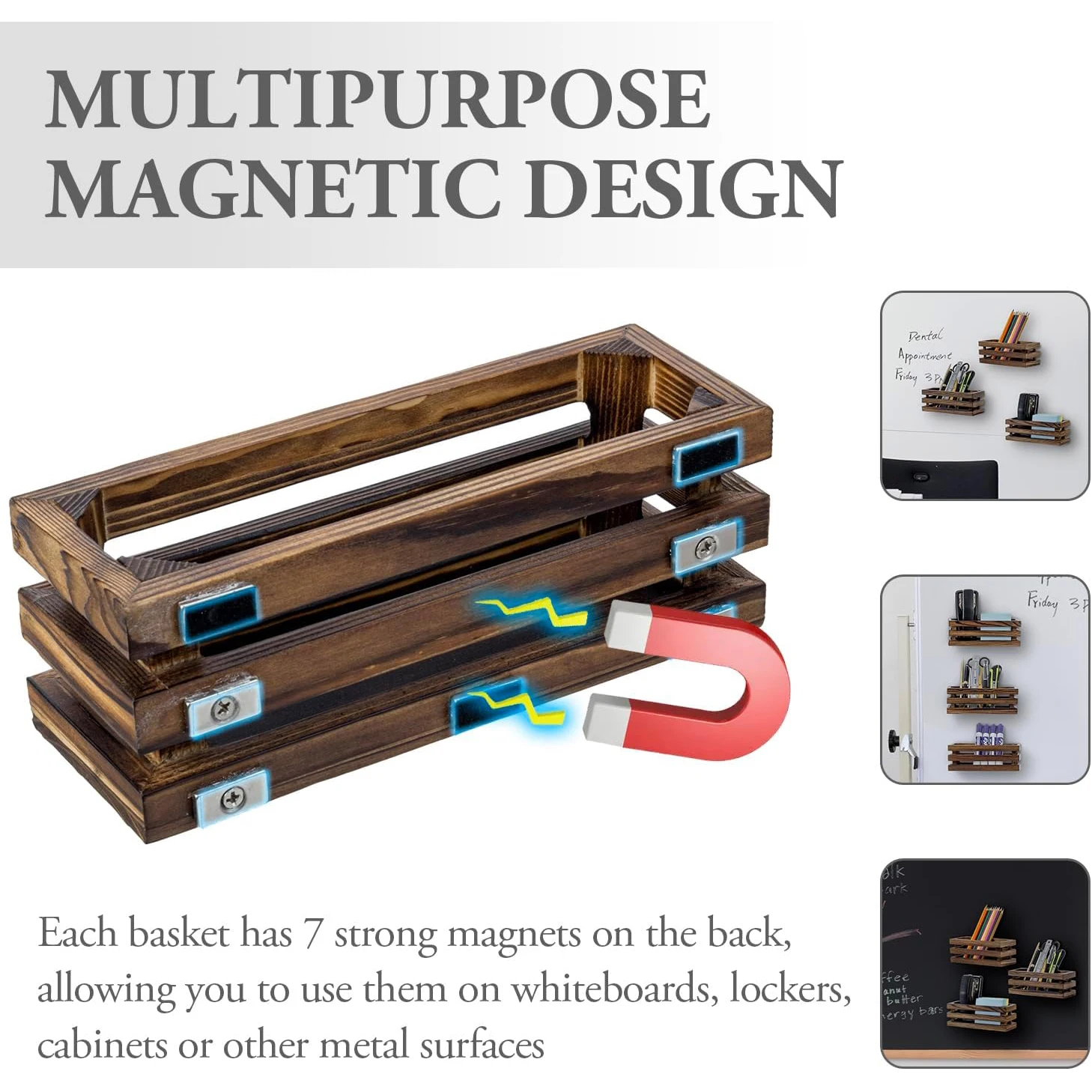 Wooden magnetic country style pencil and whiteboard accessories storage basket 3-piece set