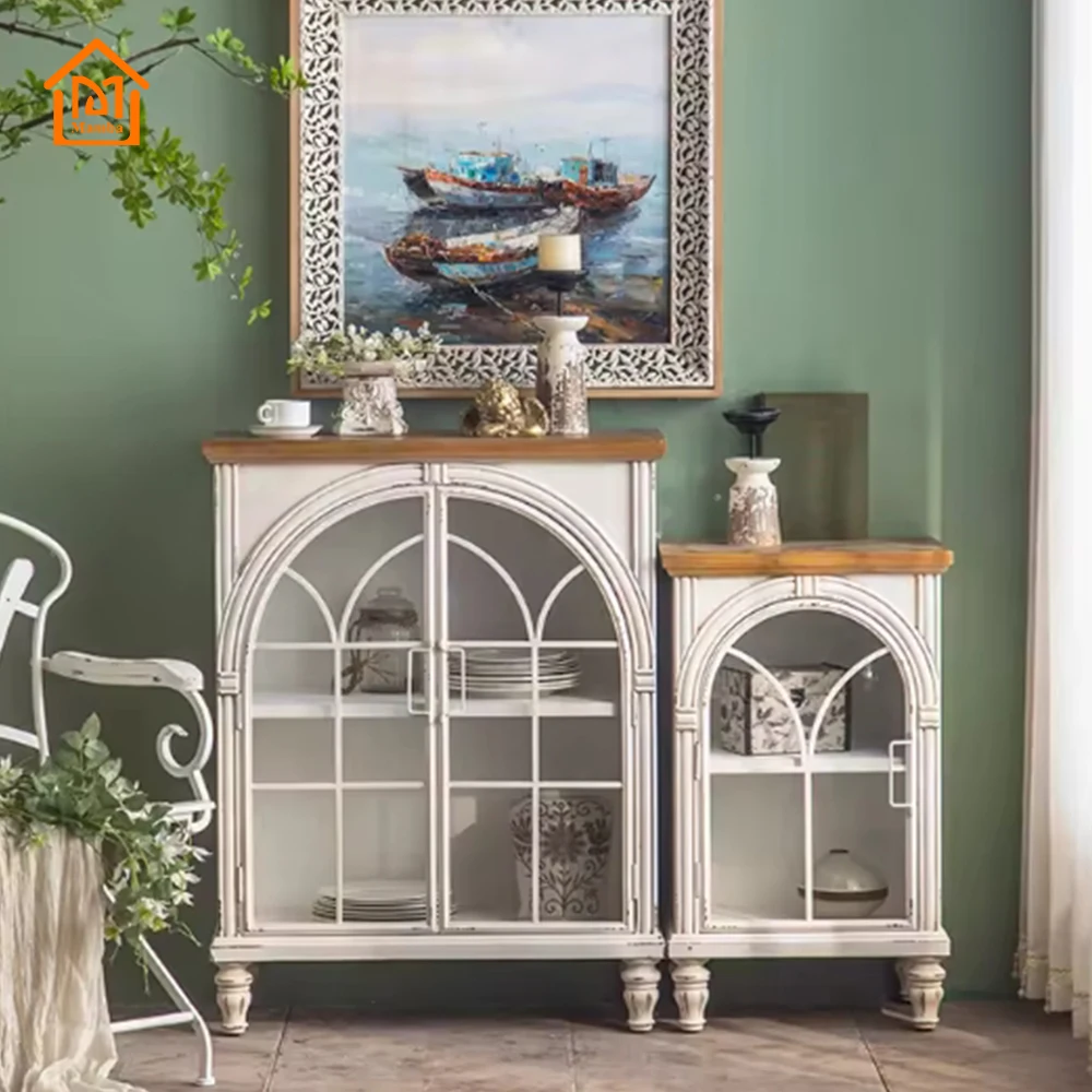 Contemporary European Vintage Kitchen Retro White Wood Storage Cabinet Showcase Display Stand Dining Living Room Furniture