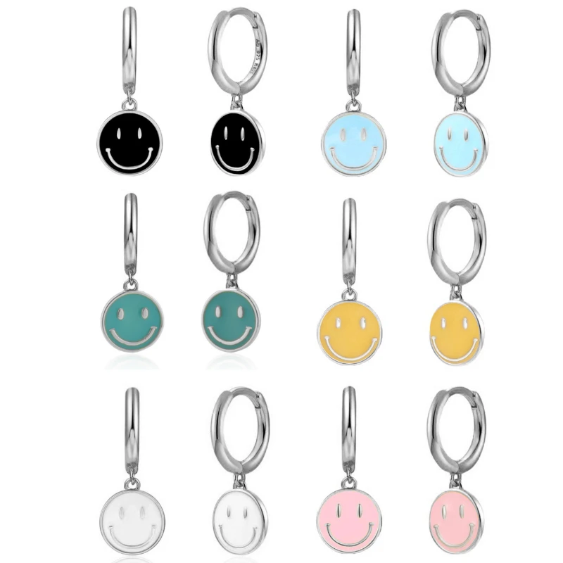 Cute Colorful Enamel Smiley Face Round Shape Hoop Drop Earrings Happy Email Smile Earrings Jewelry