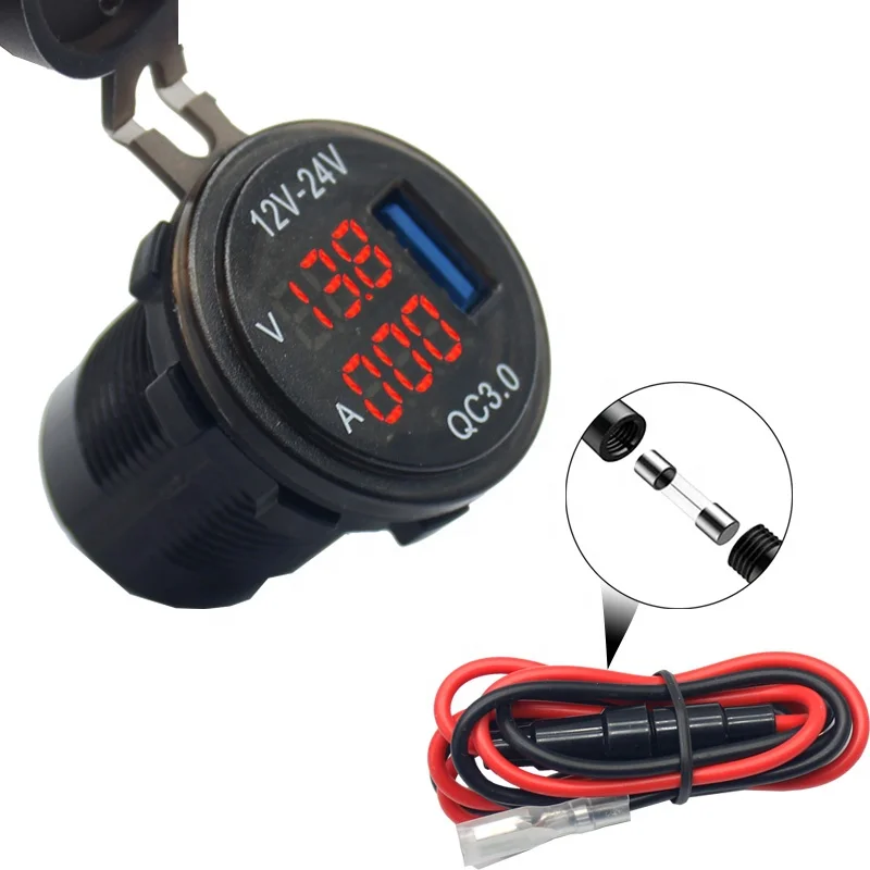 Waterproof 12V/24V QC3.0 Dual USB Fast Charger Power Outlet with Voltage and Current Display