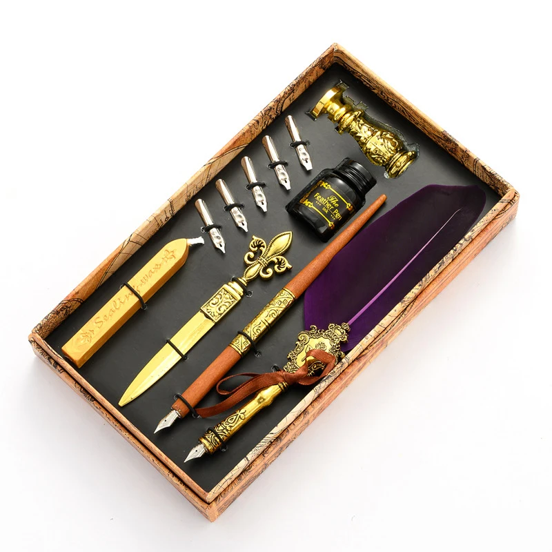 New Product Arrival Calligraphy Pen Vintage Feather Fountain Pen Gift Set with Seal Wax Stamp