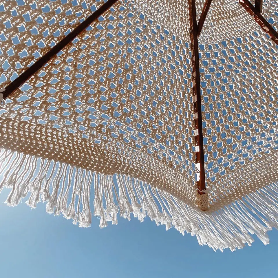 New arrival umbrella accessories crochet tassels macrame beach umbrella handmade beige yarn canopy for umbrella