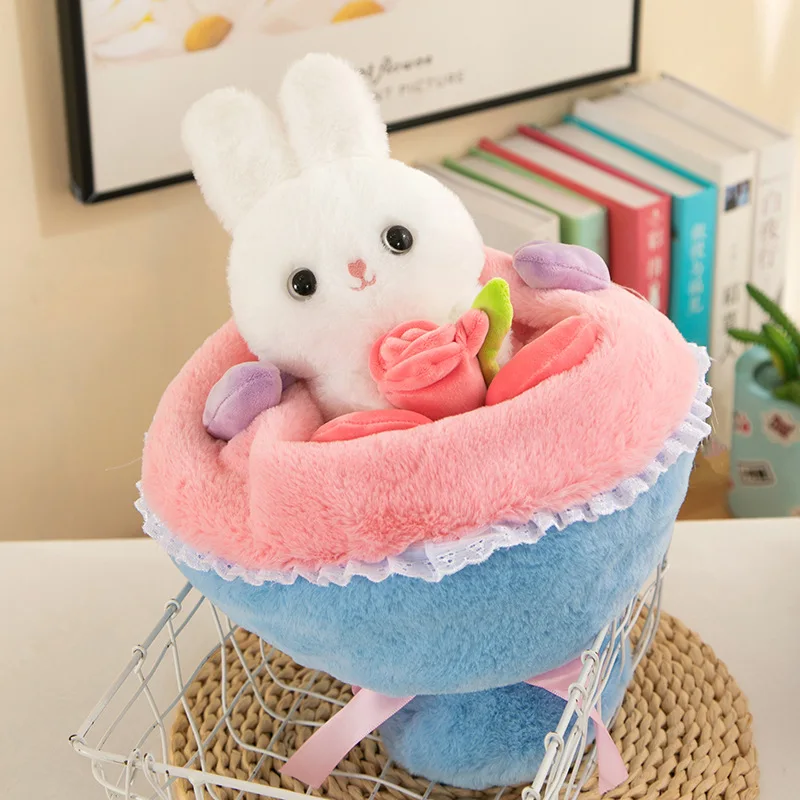 Creative Romantic Love Heart & Bouquet Flower Shaped Bunny Rabbit Plush Toys Birthday Valentines Gifts for Girls