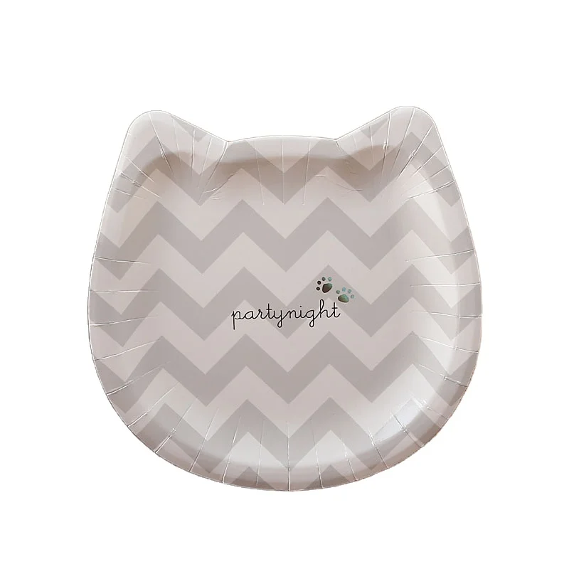 Лидер продаж, новинка, одноразовый экологически чистый бумажный поднос в полоску с кошачьей головой для вечеринки в честь Дня Рождения