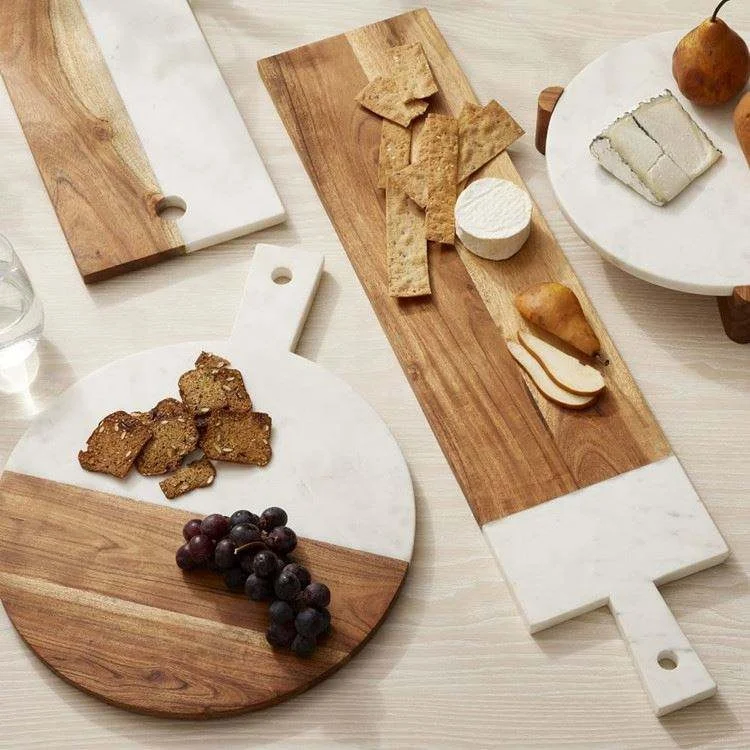 Creative Acacia Wood Marble Cheese Board Rectangle Shape Custom Logo Chopping Board Durable Cutting Board with handle