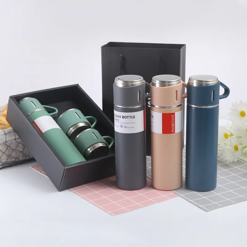 304 Stainless Steel Three-Lid Vacuum Flask & Thermos Gift Cup Metal Mug for Tea with Durable Insulation for Hot Beverages