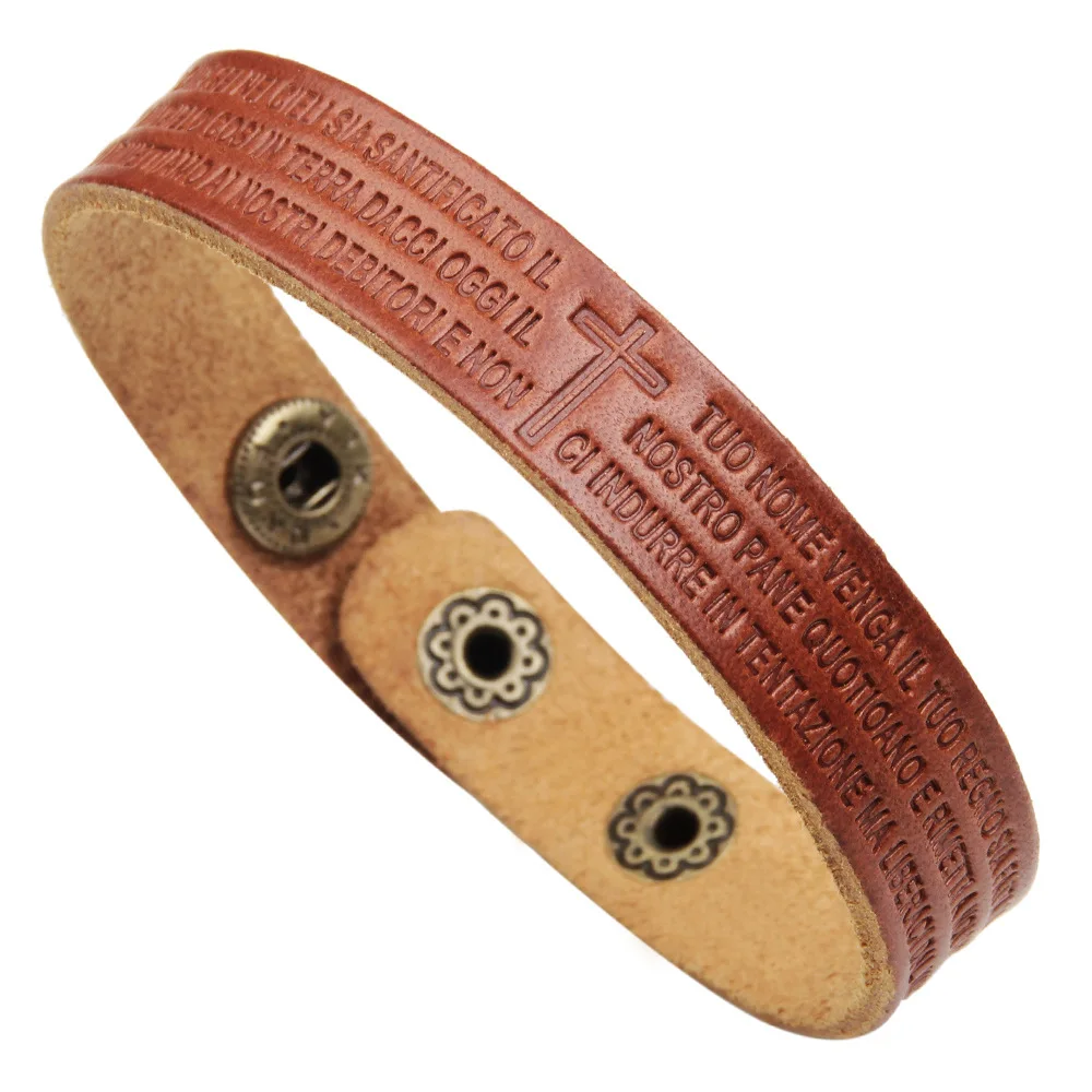 
vintage black brown genuine leather christ cross wristband bracelet customized logo embossed bracelet for men women christian 