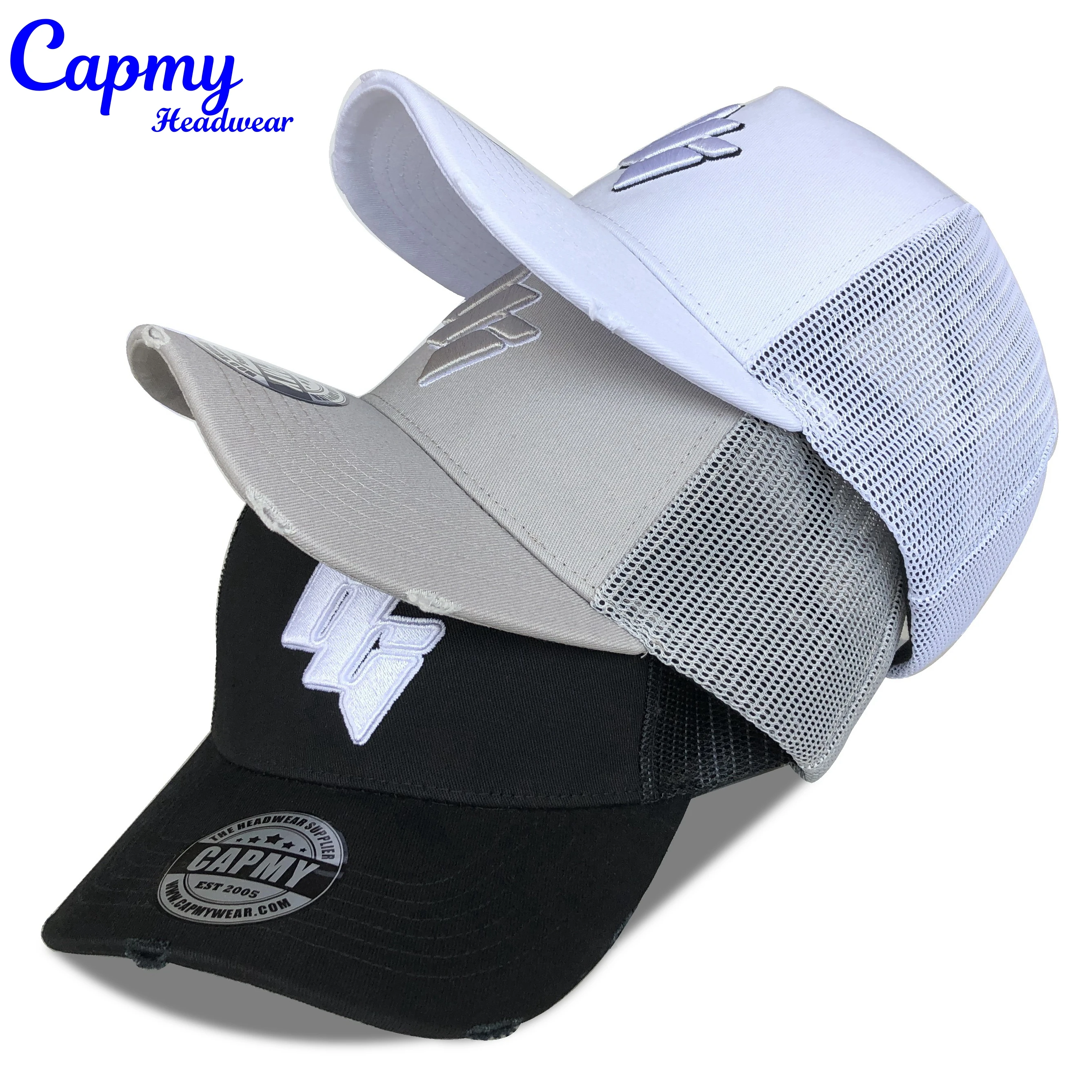 Professional Custom Grey Brown Baseball Trucker Hats Caps Mens 5 Panel 3d Embroidery Logo Distressed Rip Vintage Trucker Cap Hat