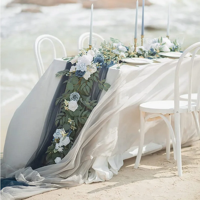 6FT Artificial Garland Dusty Blue Table Runner with Flowers Handcrafted Wedding Centerpieces Arch Flower Garlands