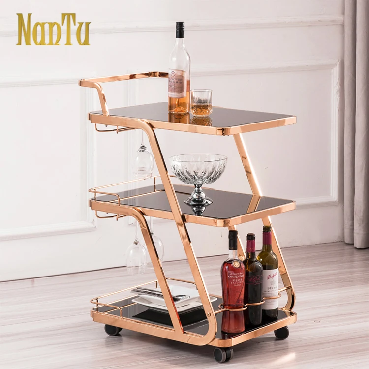 Classic Rose Gold Hotel Wine Beverage Serving Trolley Carts