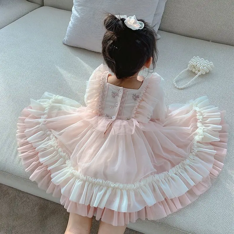 Pink 3d Lolita Style Flower 2 year old   Kids Toddler Little Girls Dresses Autumn Lace tutu Girls Princess Dresses