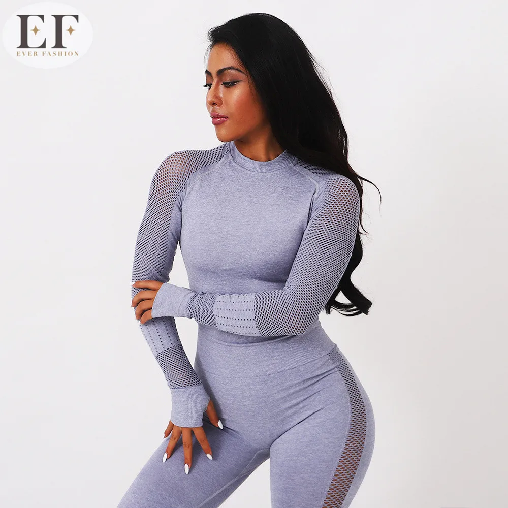 
Ever Fashion Plus Size Women High Waist Fitness Seamless Yoga Wear Long Sleeve Pants Leggings Yoga Gym Set 