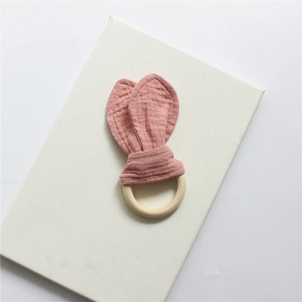 Baby Wooden Ring Teether Soft Cotton Rabbit Ear Comforting Toy Teething Sensory Rattle Shower Gift for Infants Newborn