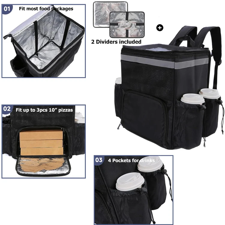 Bike transport 2 dividers insulated food delivery bag motorcycle bike backpack food delivery with cup holders