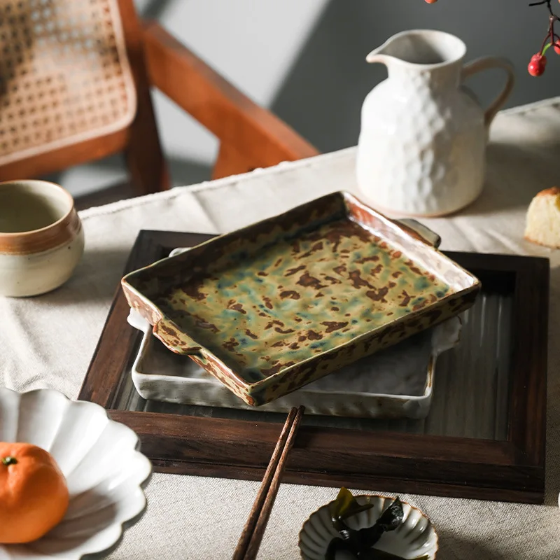 Square green and white ceramic plates handmade glazed dinnerware handle including